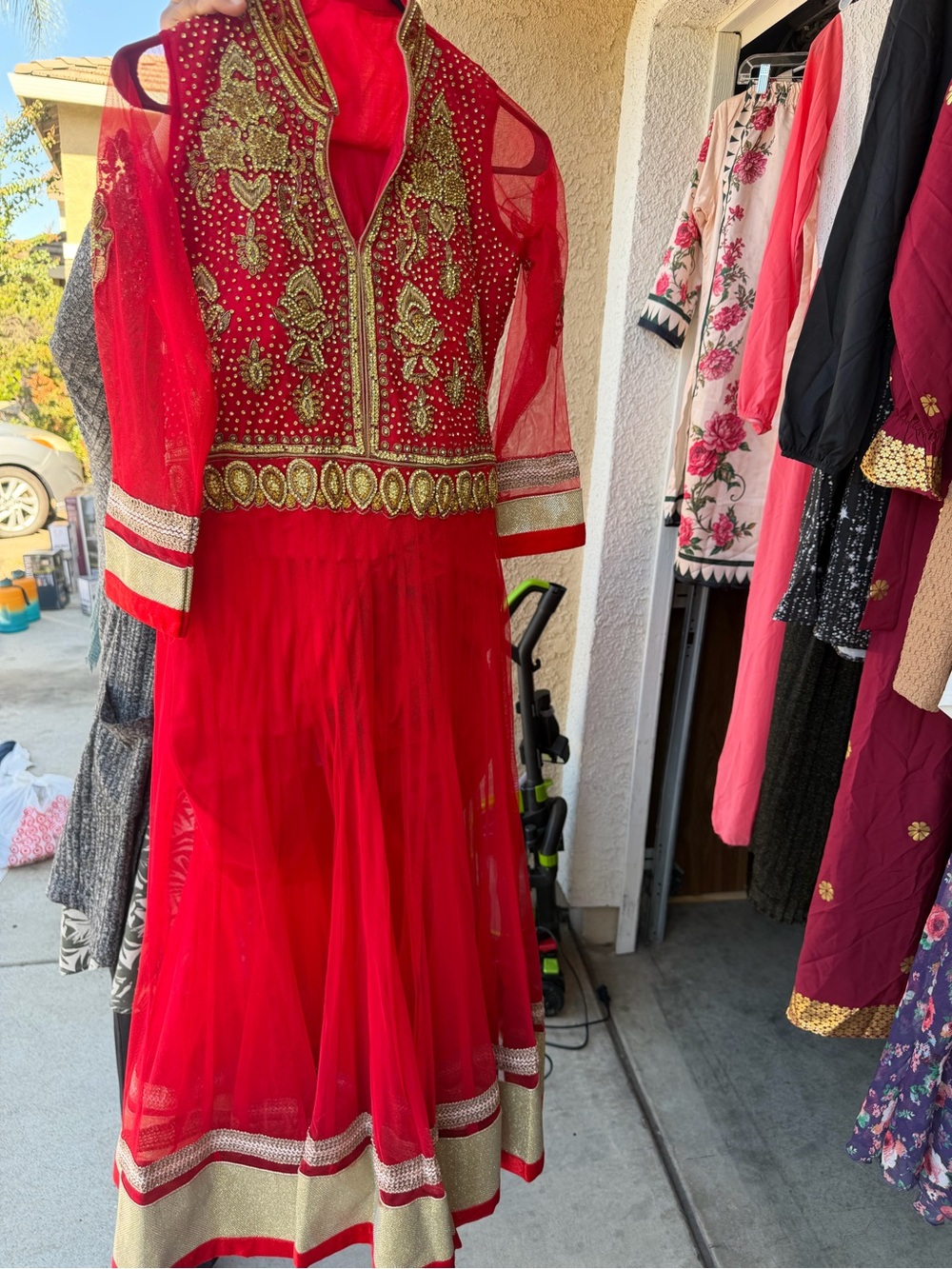 Red Embellished Women's Anarkali Dress with Gold Accents